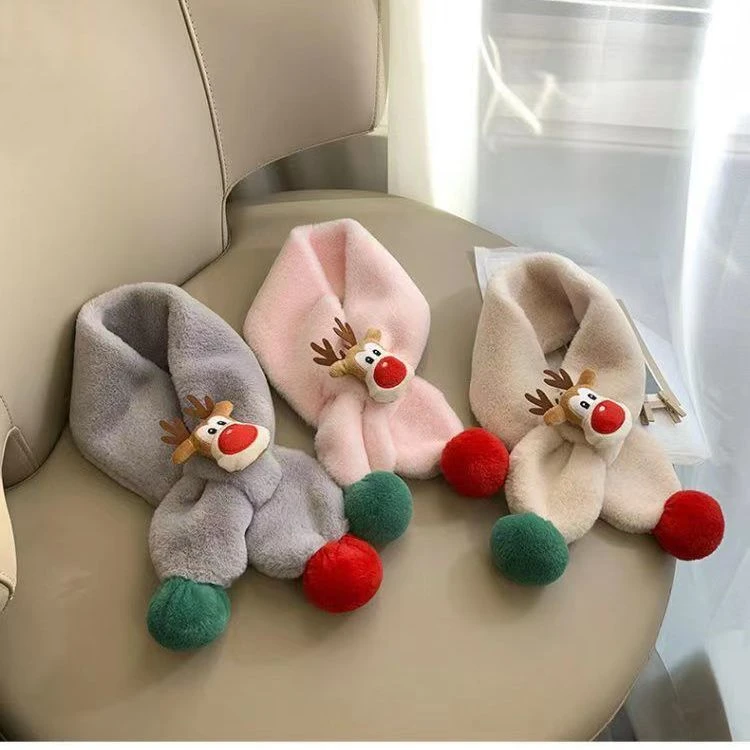 秋冬毛绒圣诞节儿童围巾宝宝保暖可爱圣诞麋鹿围脖小女孩加厚脖套