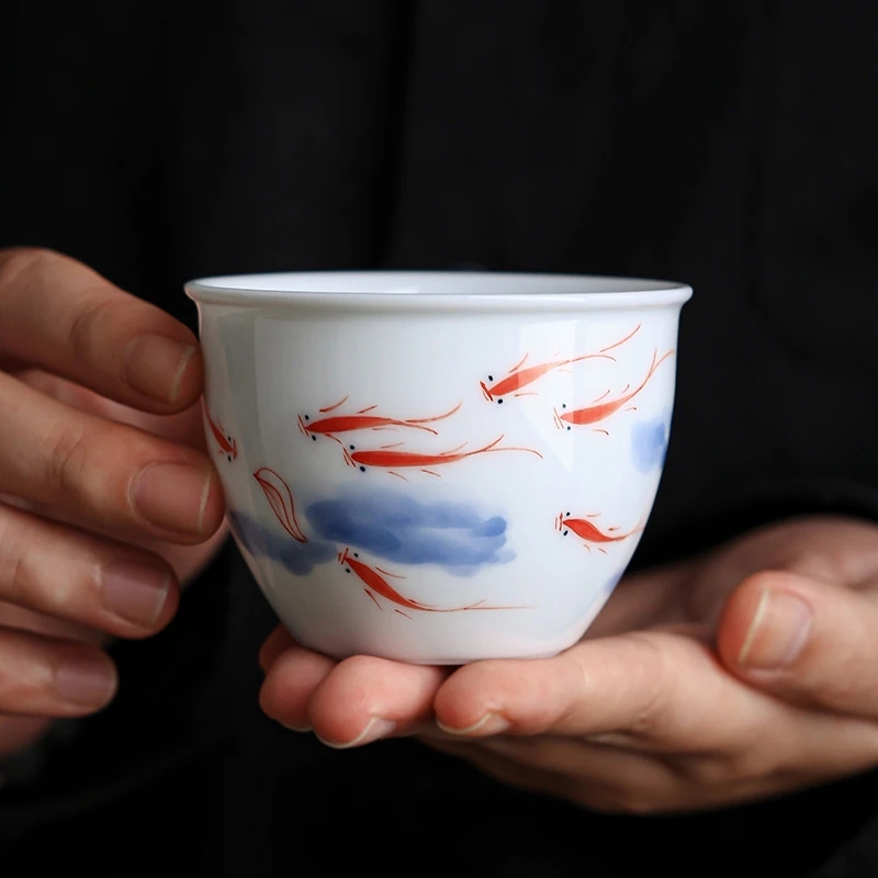 手绘墨画鱼戏茶杯个人专用主人杯羊脂玉瓷缸杯中式功夫茶具品茗杯