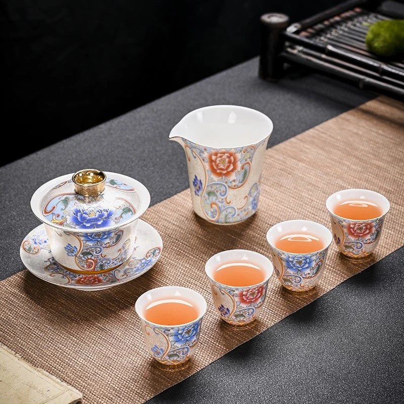 掐丝珐琅彩盖碗大套组高端全套茶具套装白瓷泡茶礼盒装国潮功夫