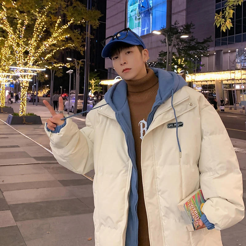 秋冬季新款男女中性假两件连帽棉衣潮牌加厚防寒服外套棉服棉袄