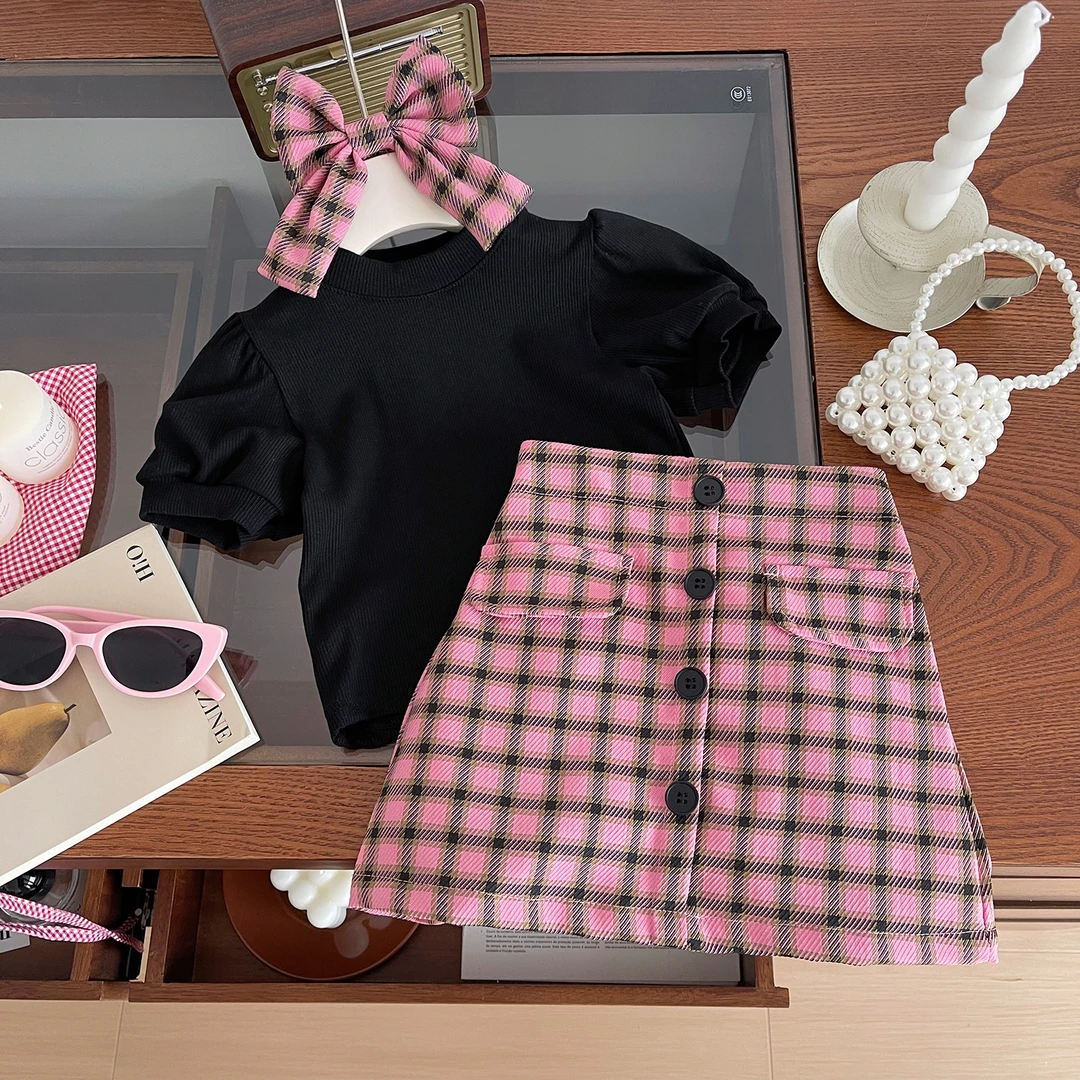 2024夏季新韩版女童百搭T恤格子裙套装24151