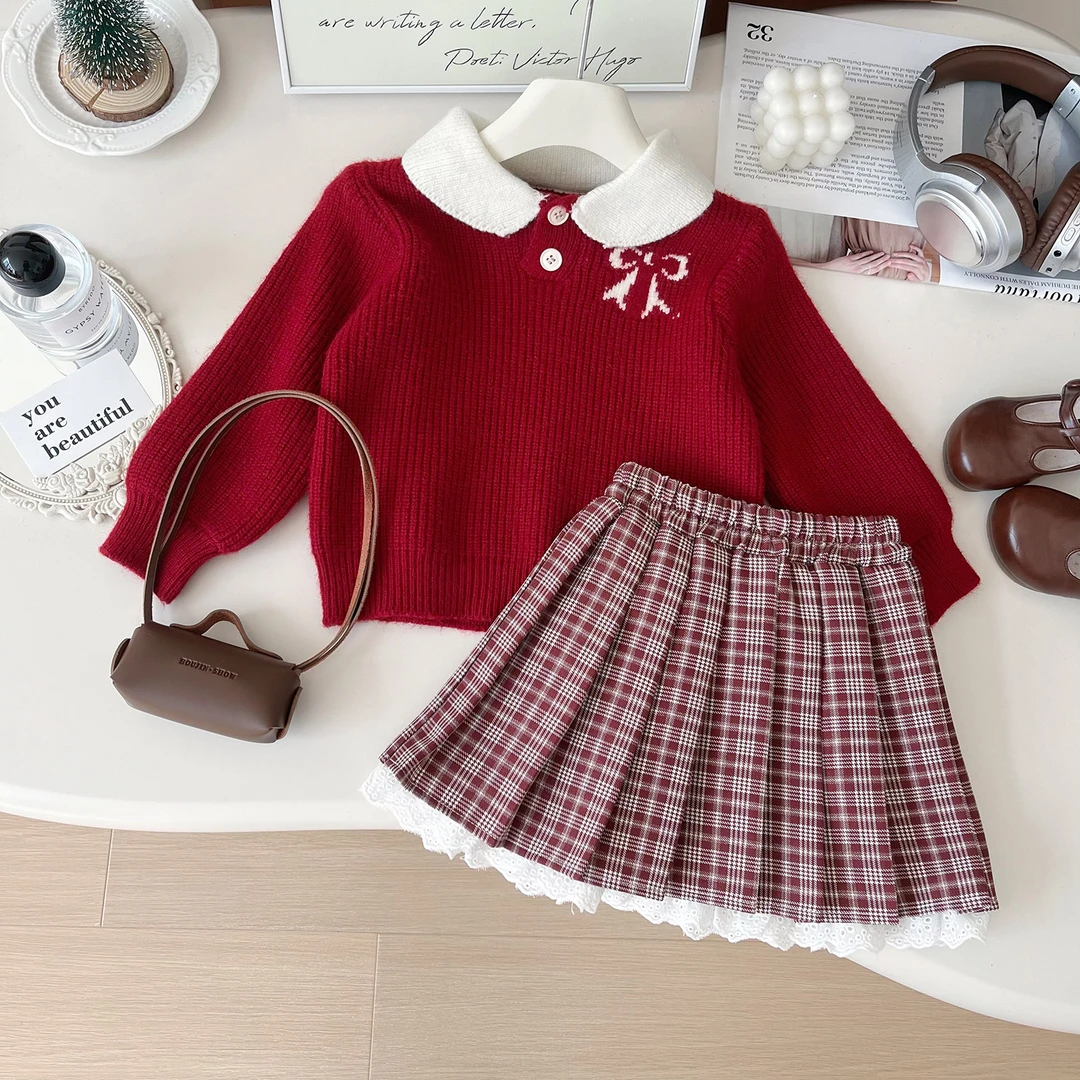 2024秋季新款女童针织衫百褶裙套装女宝洋气学院风两件套Q67585