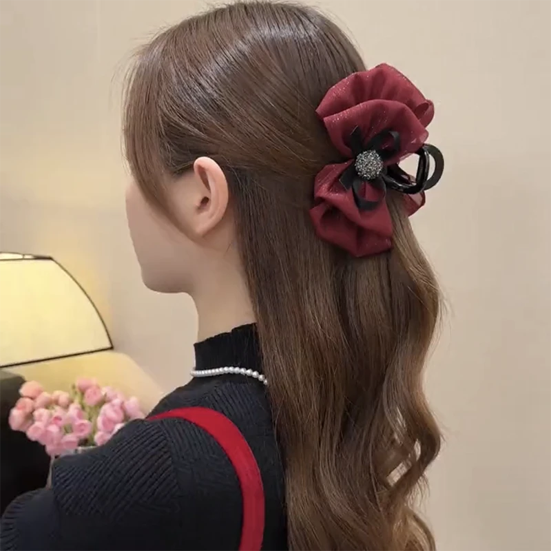 新年冬季气质优雅简约蝴蝶结抓夹新款盘发百搭网纱泡泡发夹头饰