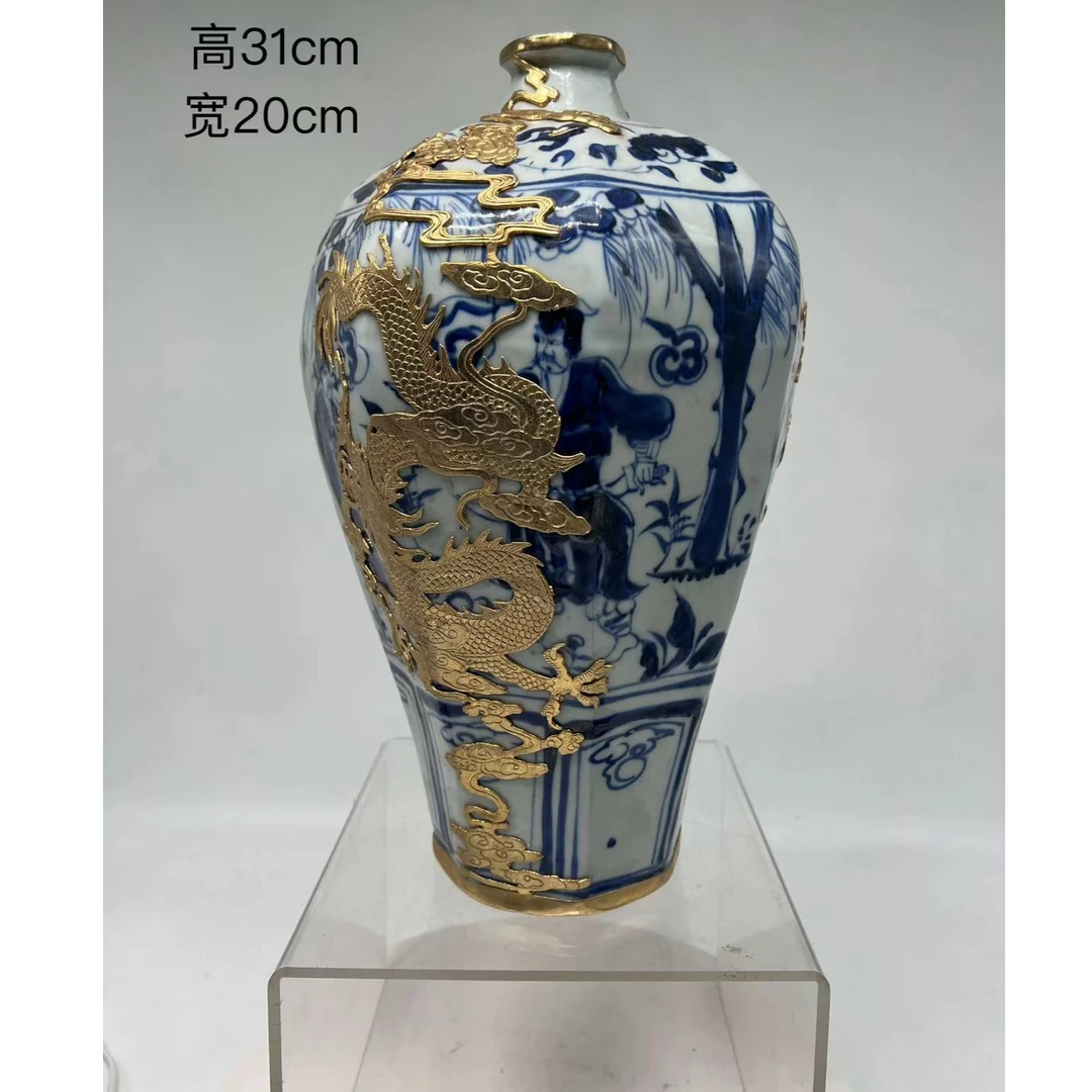 青花镶金龙瓶纯手工柴窑