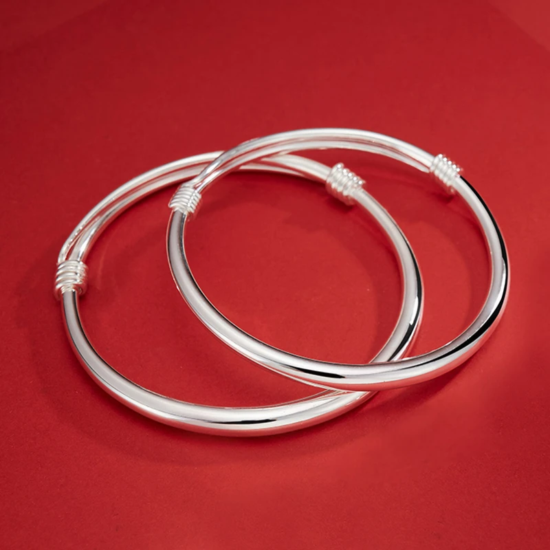 足银手镯 999手镯女亲子款宝宝婴儿光面推拉绕丝实心手环送女友礼