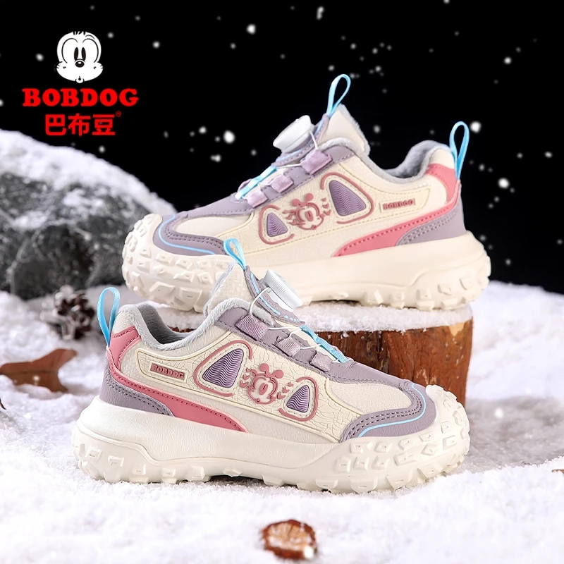 巴布豆女童棉鞋2025秋冬季新款皮面防水加绒保暖女孩子儿童运动鞋