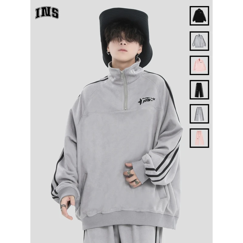 INSstudios国潮情侣日系立领三条杠条纹休闲上衣宽松休闲运动套装