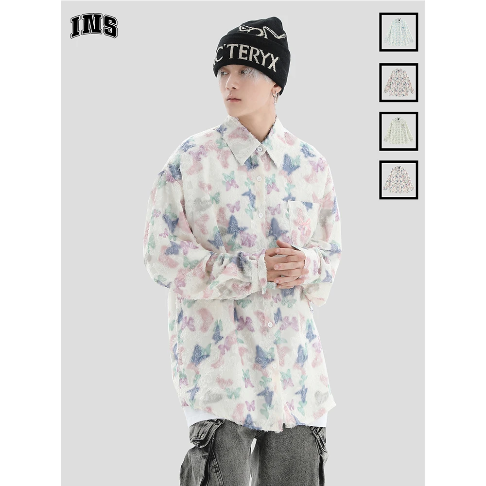 INSstudios国潮情侣美式小LOGO磨毛休闲长袖衬衫宽松小众衬衣外套