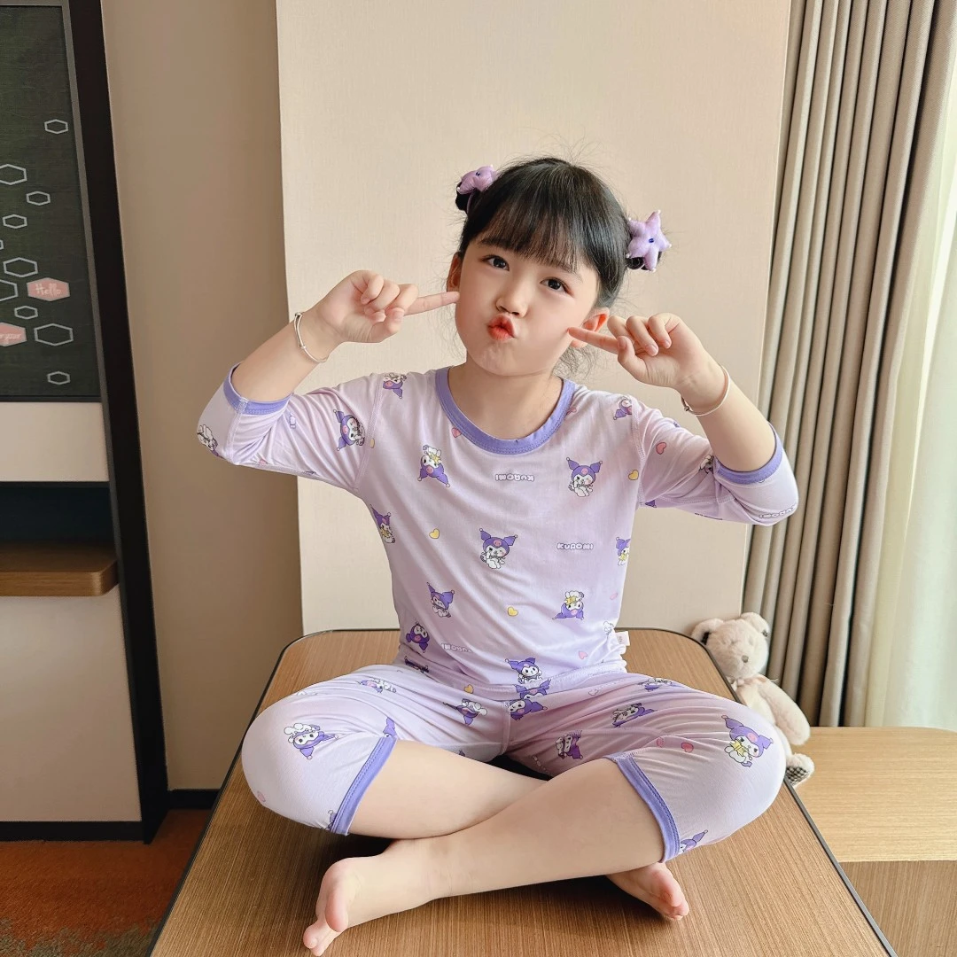 宝宝夏季薄款睡衣儿童天丝莱赛尔空调服套装男童女童七分袖卡通