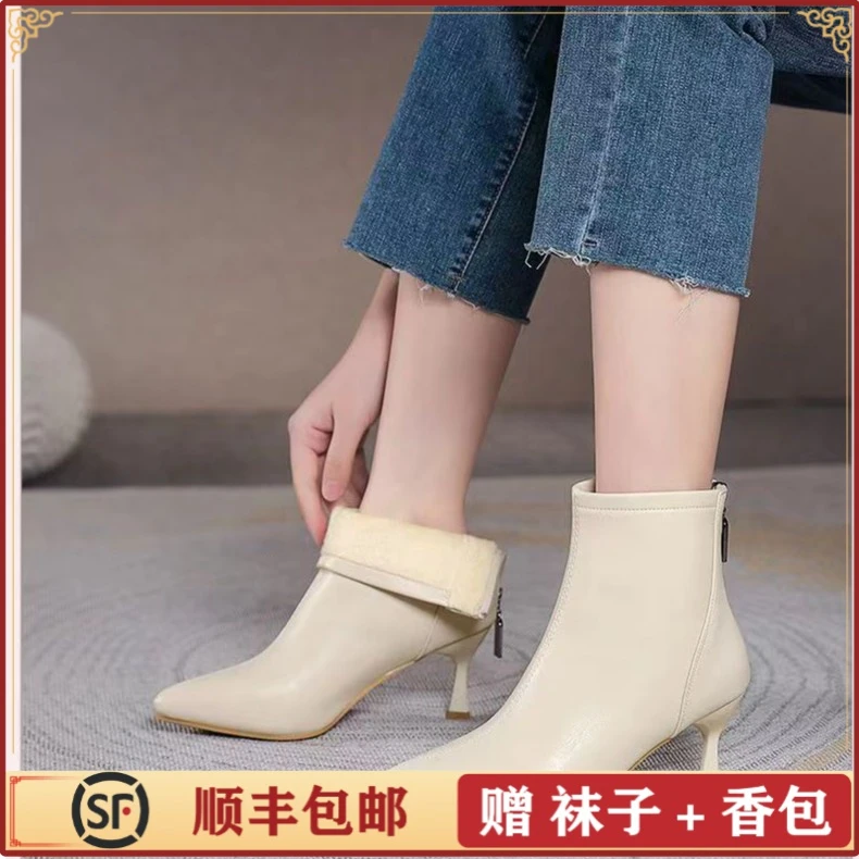 大东陂潮流时尚尖头软皮短靴软皮细跟高跟百搭洋气韩版气质女鞋..