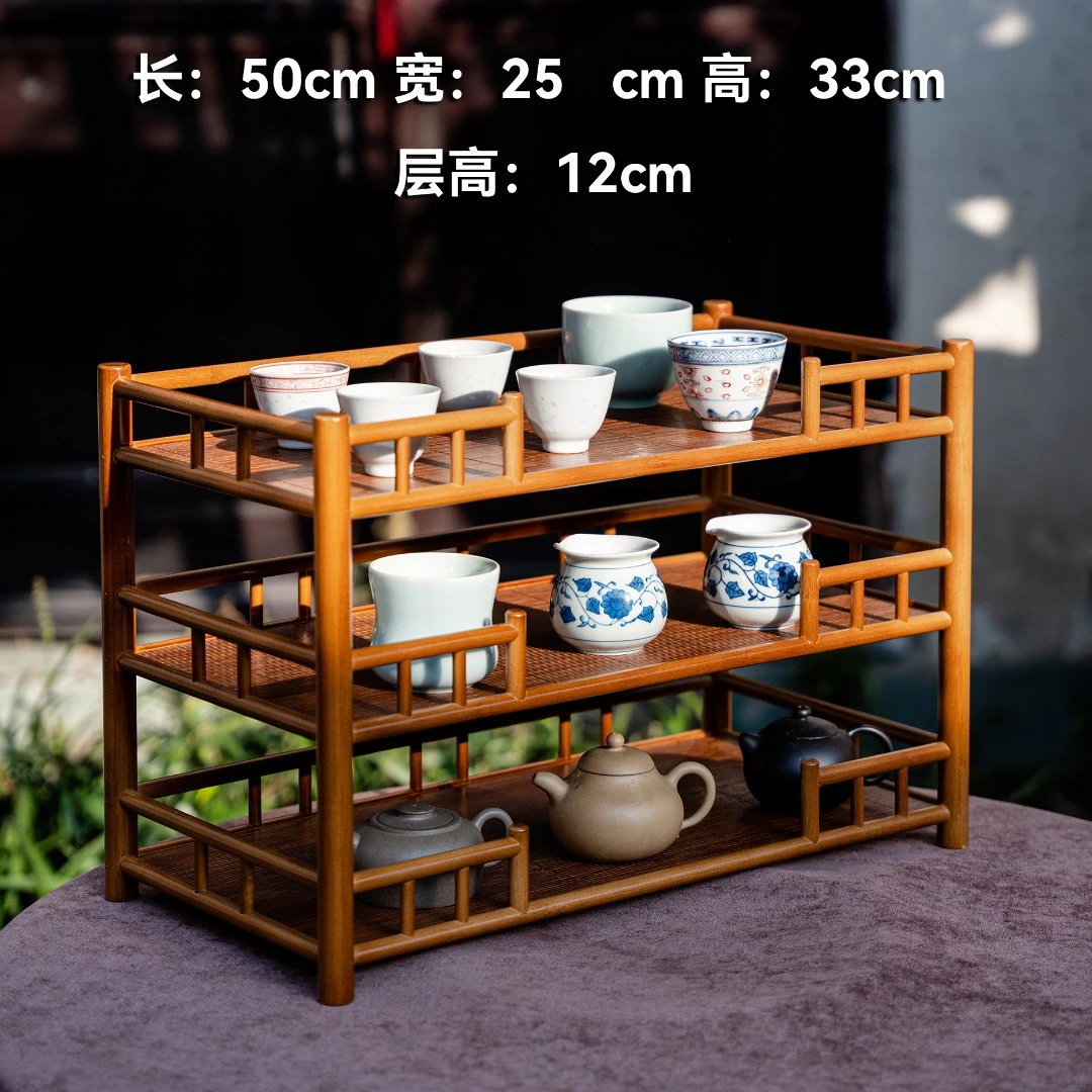 【古香】竹丝三层楠竹屏栏收纳茶壶置物架茶棚物架茶杯架松弛感