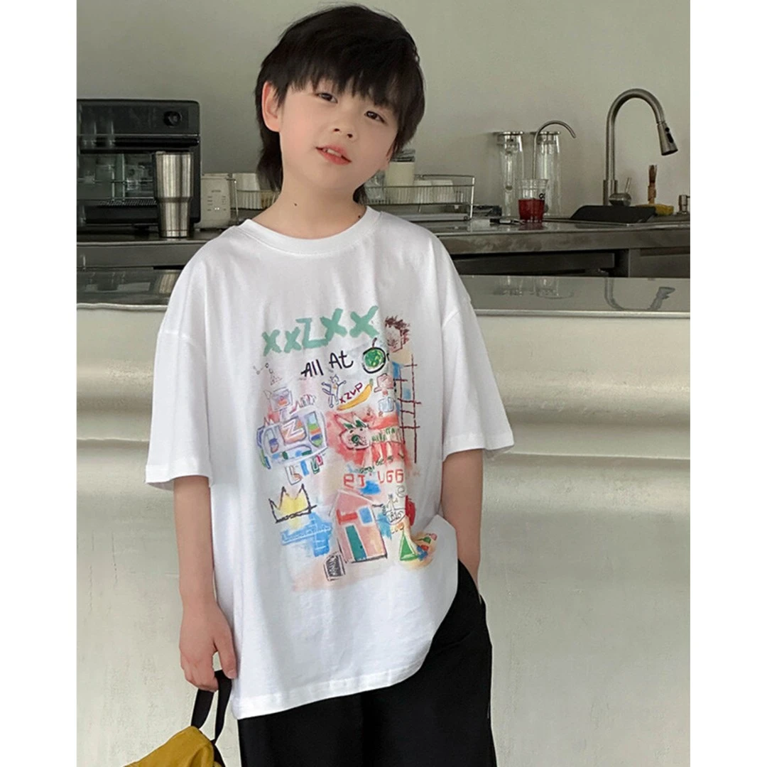 Qiutaann【随意手绘】男童短袖t恤新款夏季中大童儿童体恤夏装白色t