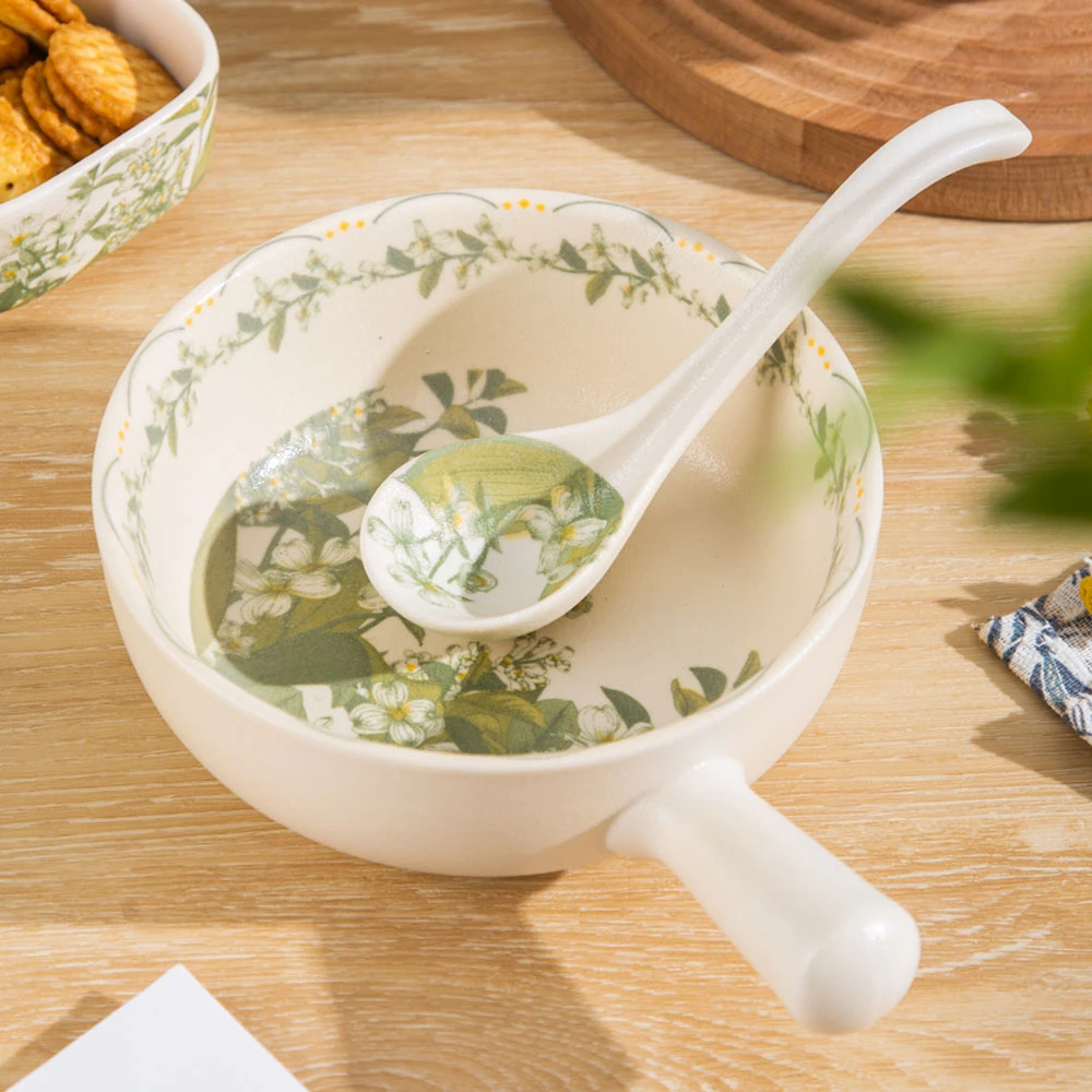 中古风铃兰花手柄碗带勺ins风高颜值泡面碗家用高级感陶瓷餐具