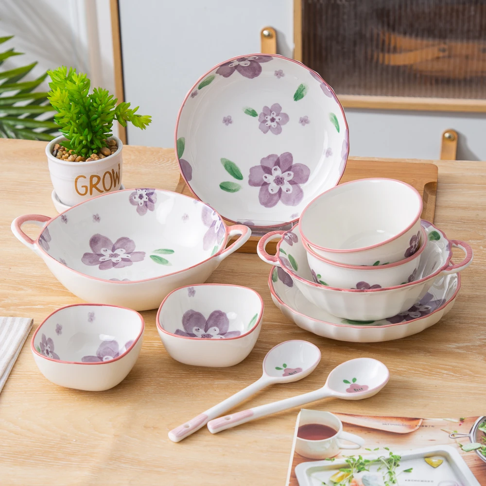 釉下彩陶瓷碗盘餐具套装日式紫萱花10件套家用可爱紫色少女心