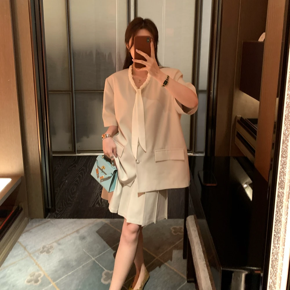 【反季现货-NAZ佳怡微胖定制】韩系蝴蝶结系带西装短袖上衣+百褶裙