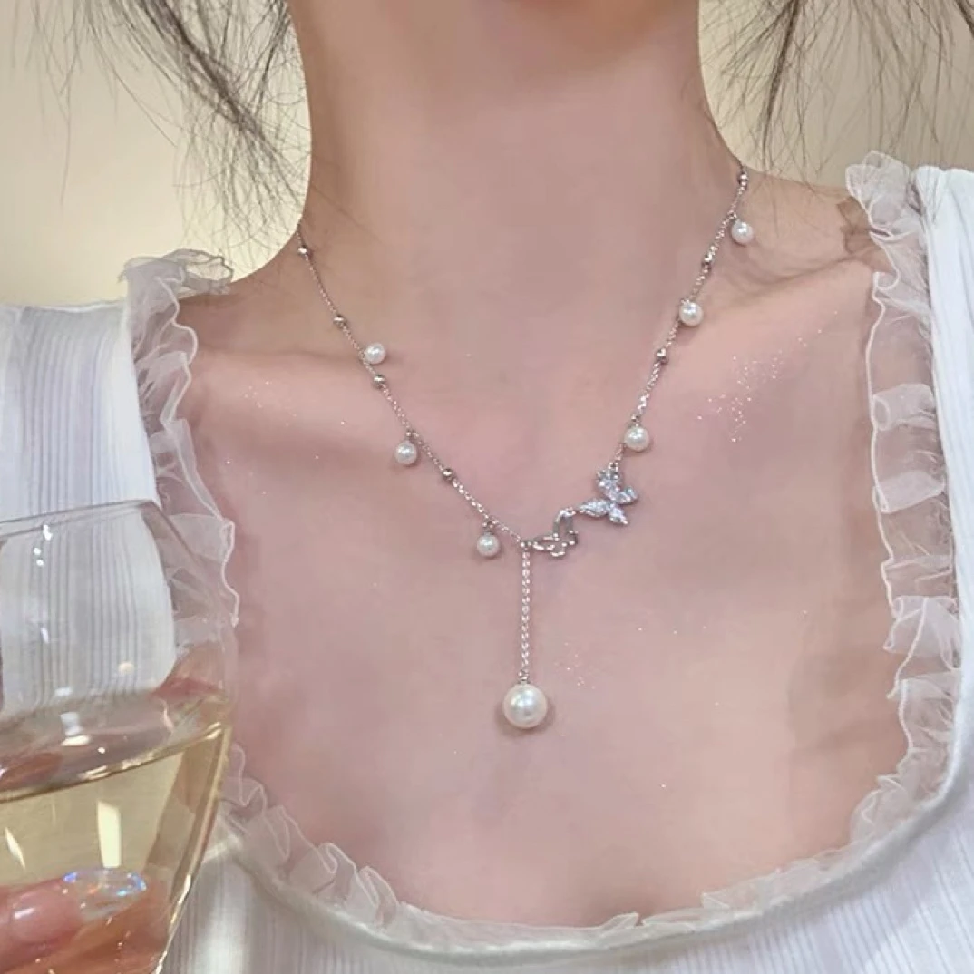 钛钢仿珍珠项链 仙欲蝴蝶吊坠项链女款轻奢高级设计感锁骨配饰