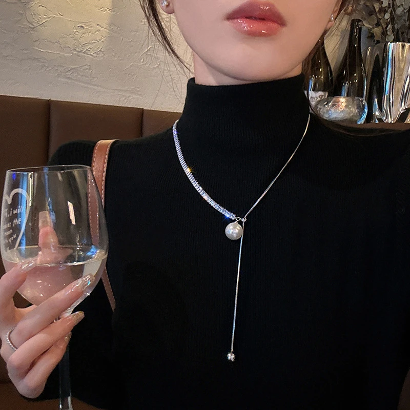 钛钢仿珍珠项链 可抽拉长款项链轻奢小众设计感高级锁骨链颈链潮