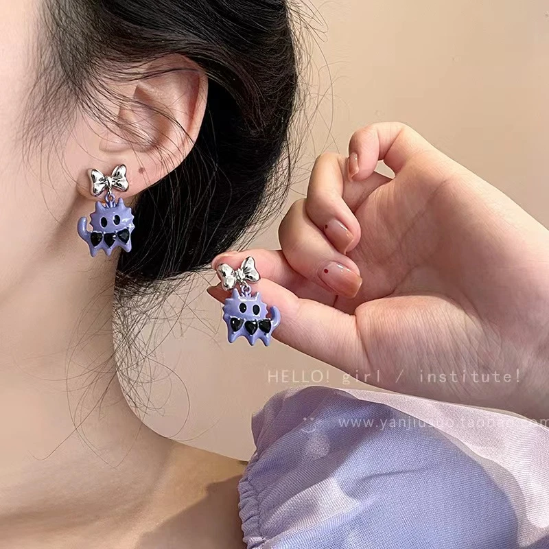合金亚克力耳饰 可爱小众紫色小怪兽猫咪耳钉女甜酷辣妹耳环个性