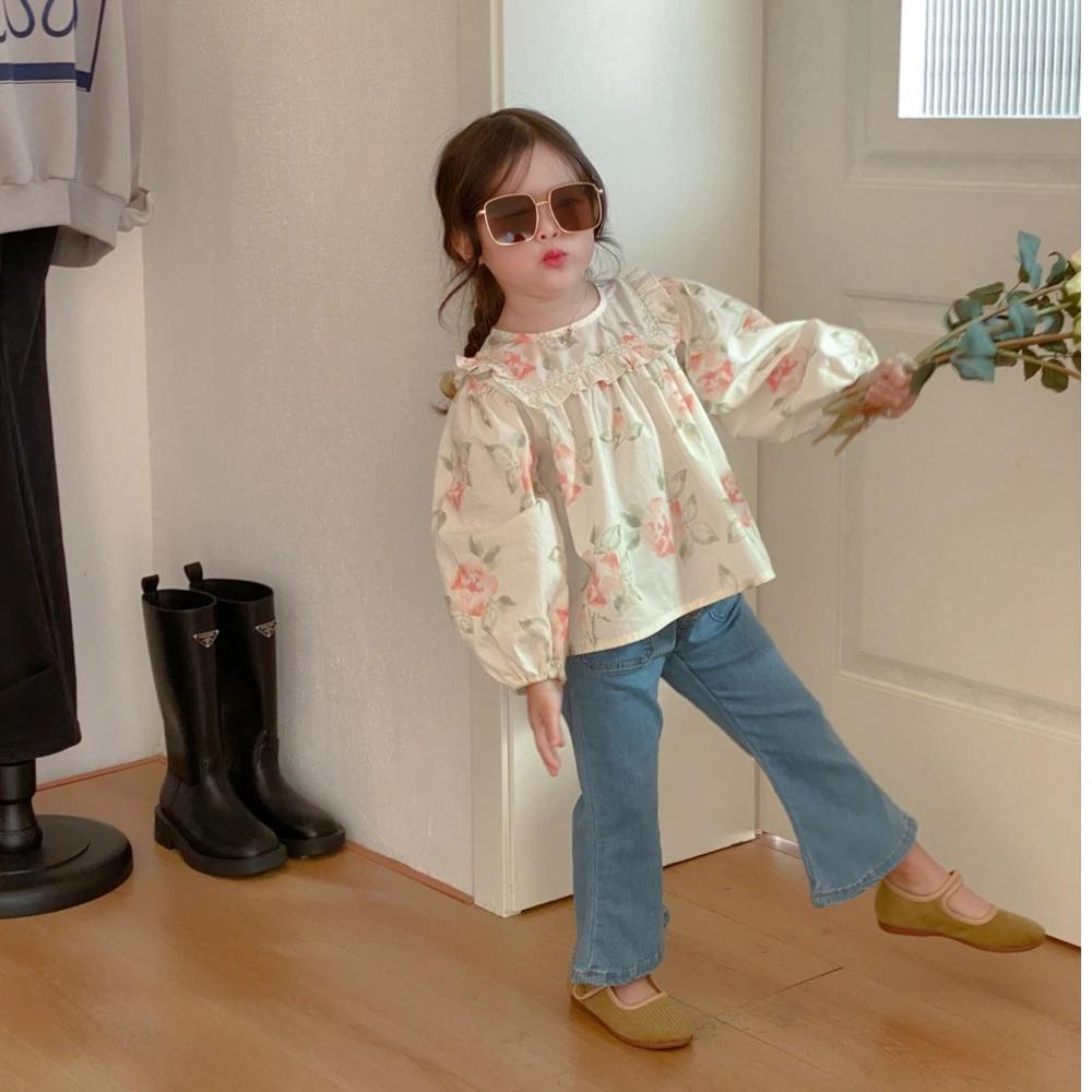 韩版童装女童上衣2025春秋季小众甜美花朵娃娃衫女童时髦长袖衬衫