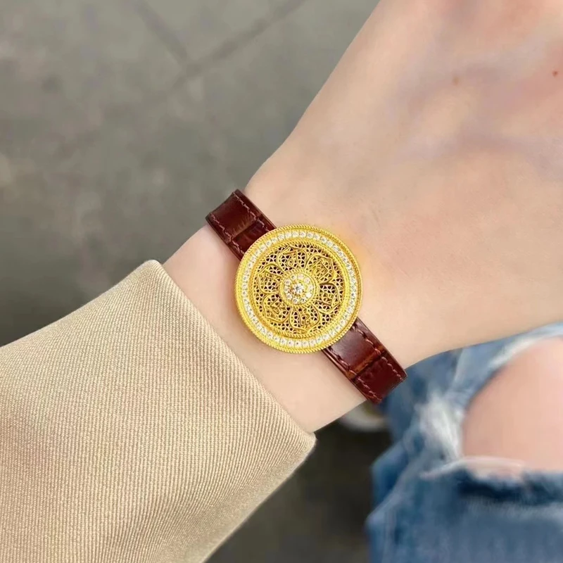 铜合金皮质手镯 古法新中式古法錾刻镂空掐丝点钻八宝罗盘手表女