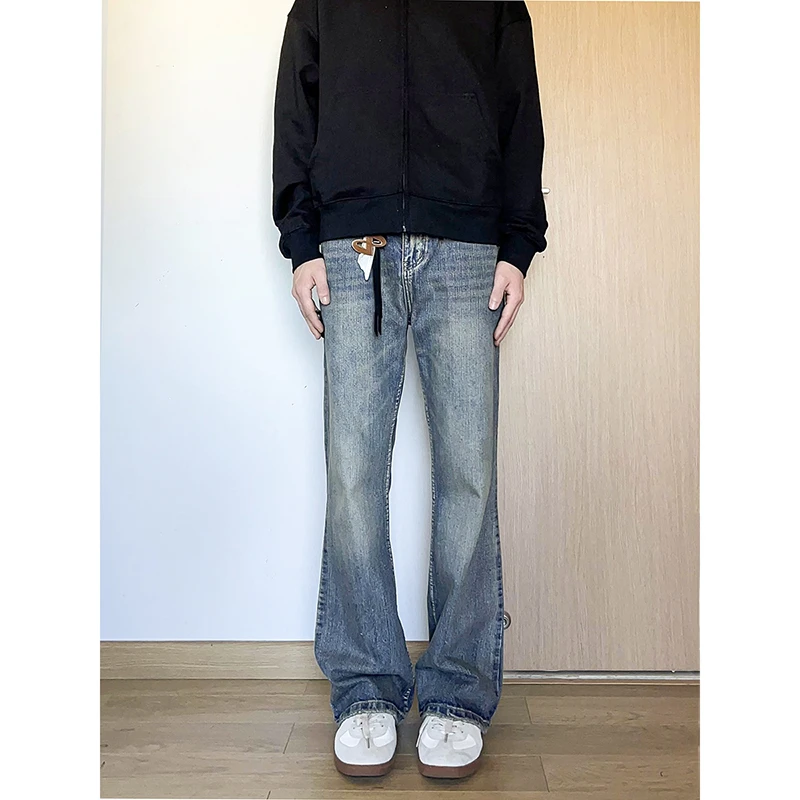 美式复古竹节纹微喇牛仔裤男高街cleanfit水洗做旧vibe风长裤6121