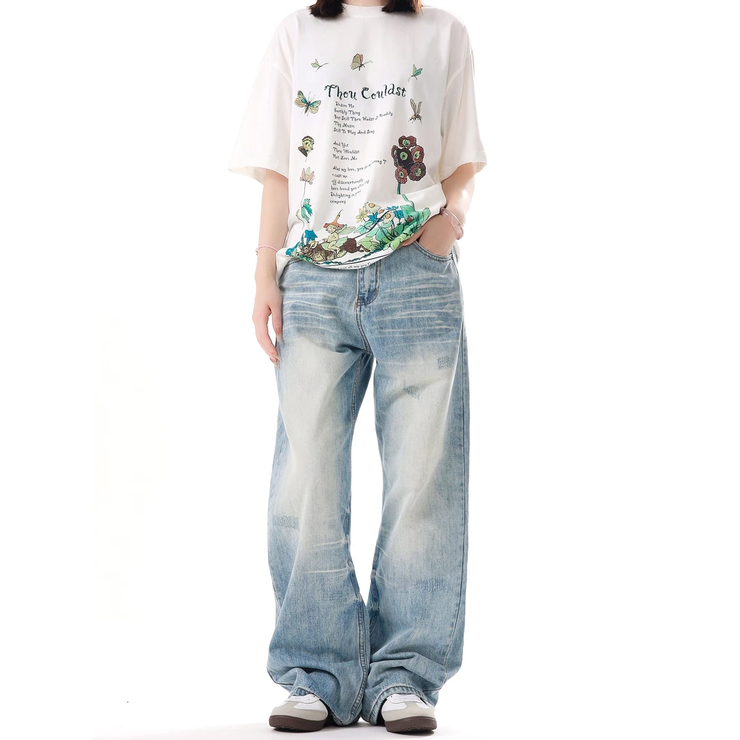 CioCoin美式水洗浅蓝色阔腿牛仔裤男女复古显瘦宽松直筒休闲长裤