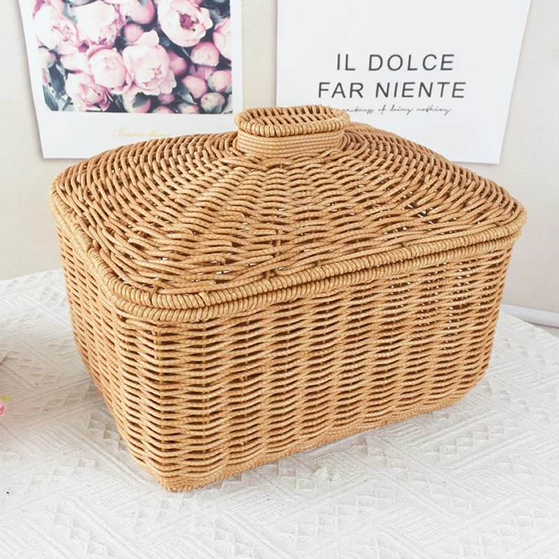 仿藤编织水果篮带盖长方形零食收纳筐藤编鸡蛋篮储物收纳盒馒头筐