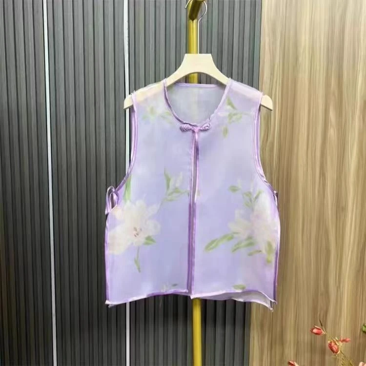 新中式国风无袖开衫小坎肩马甲背心女春夏中式荷花盘扣系带马夹女