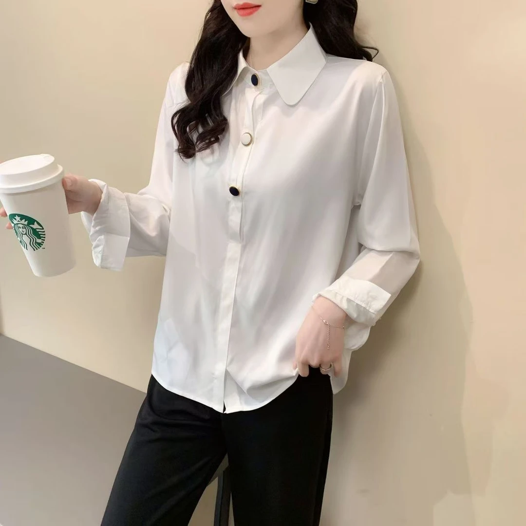 打底白衬衫衬衫长袖春秋时尚白色宽松韩版白衬衣气质休闲百搭女式