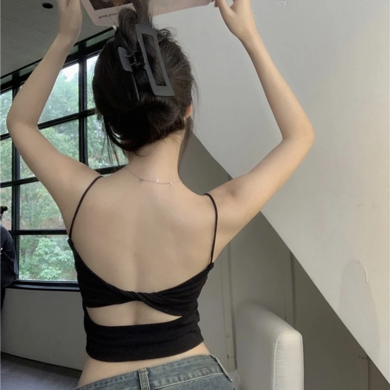 纯欲黑色方领镂空露背小吊带内衣女外穿夏季设计感交叉带胸垫背心