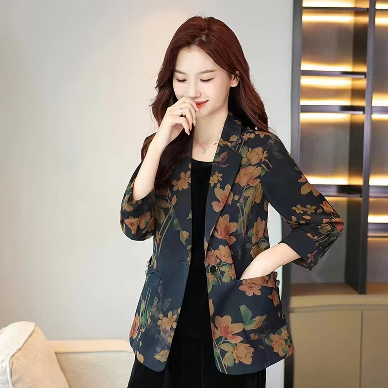 春秋新款高档时尚气质印花西服外套中老年妈妈装显瘦大码修身百搭