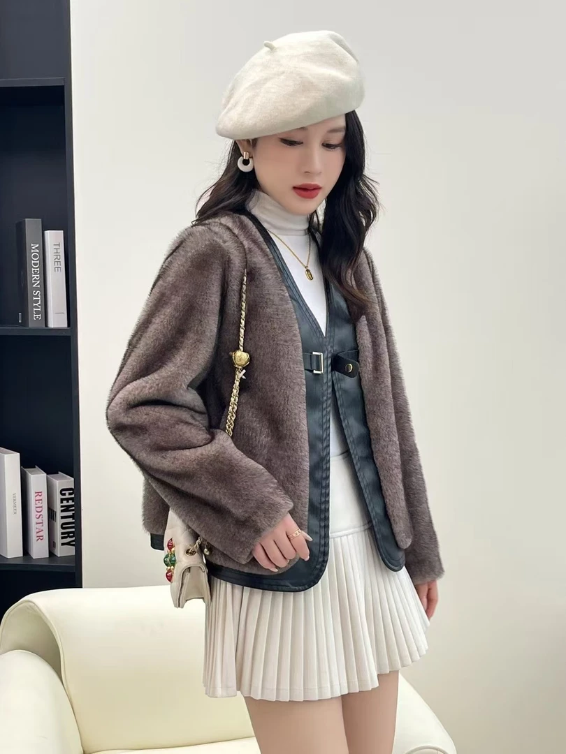 【淼姐专属】貂绒皮毛一体罗曼貂拼接蛋白皮外套时尚气质百搭设计师