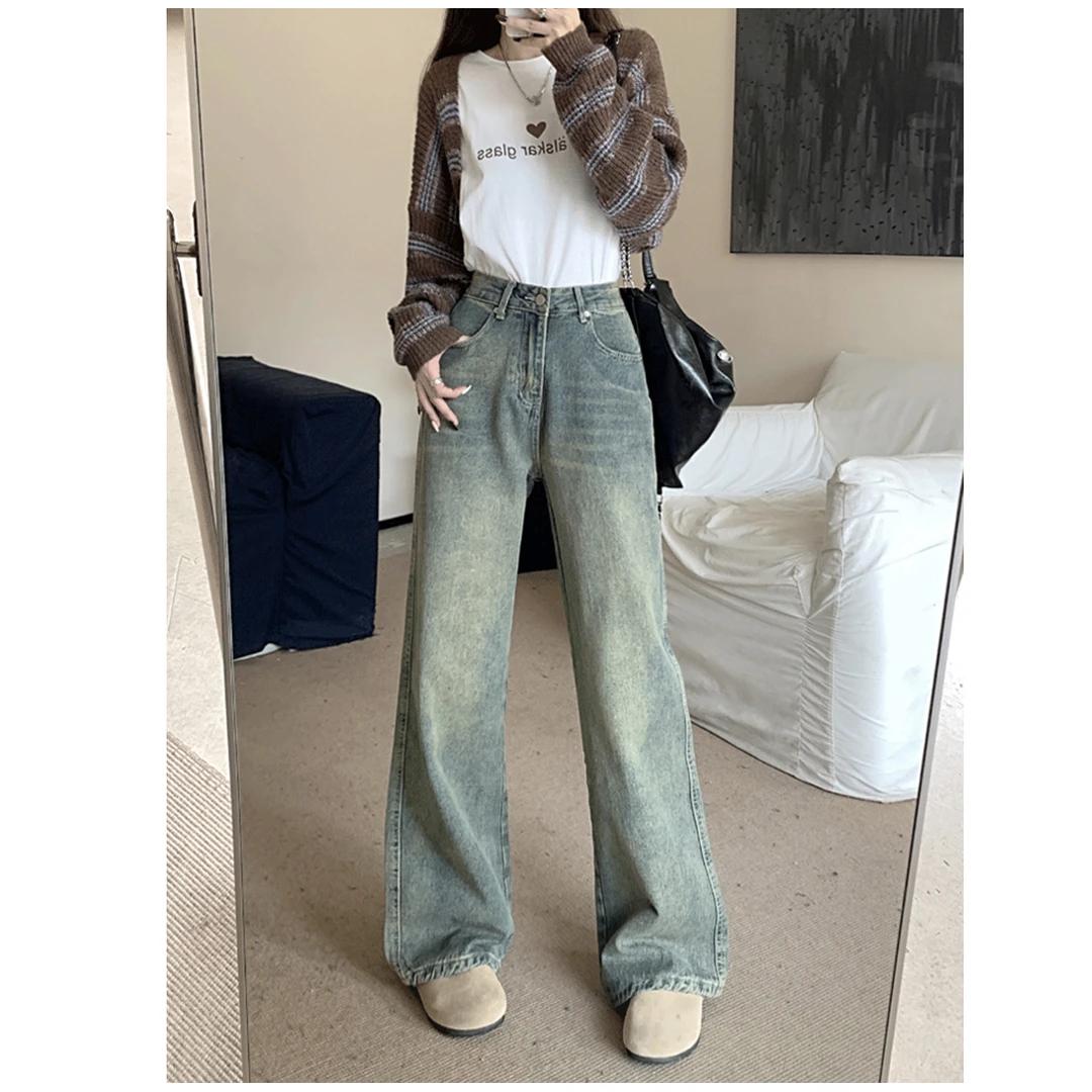 t16【尤物studio】美式复古春季复古怀旧高腰阔腿牛仔拖地裤