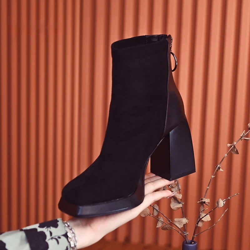 短靴女加绒2023秋冬季方头高跟鞋粗跟磨砂气质保暖黑色瘦瘦马丁靴