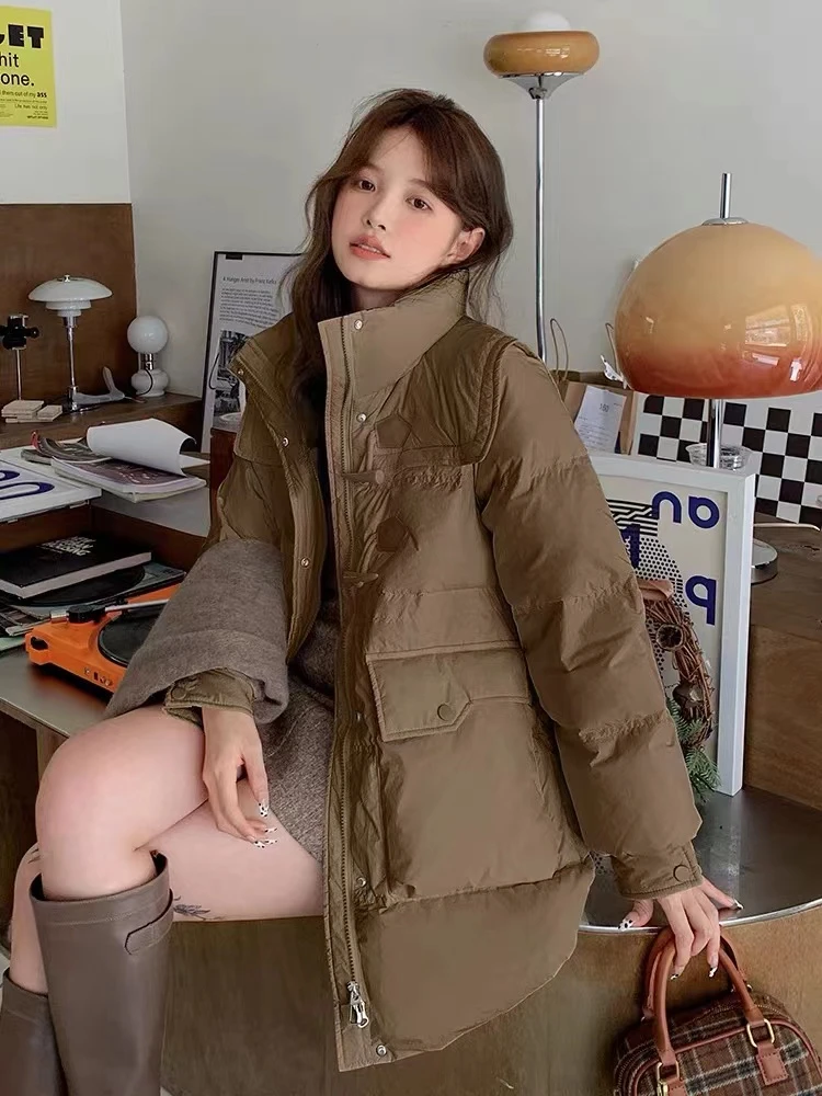 2024冬季韩版休闲时尚牛角扣中长款海军领收腰羽绒服外套0801
