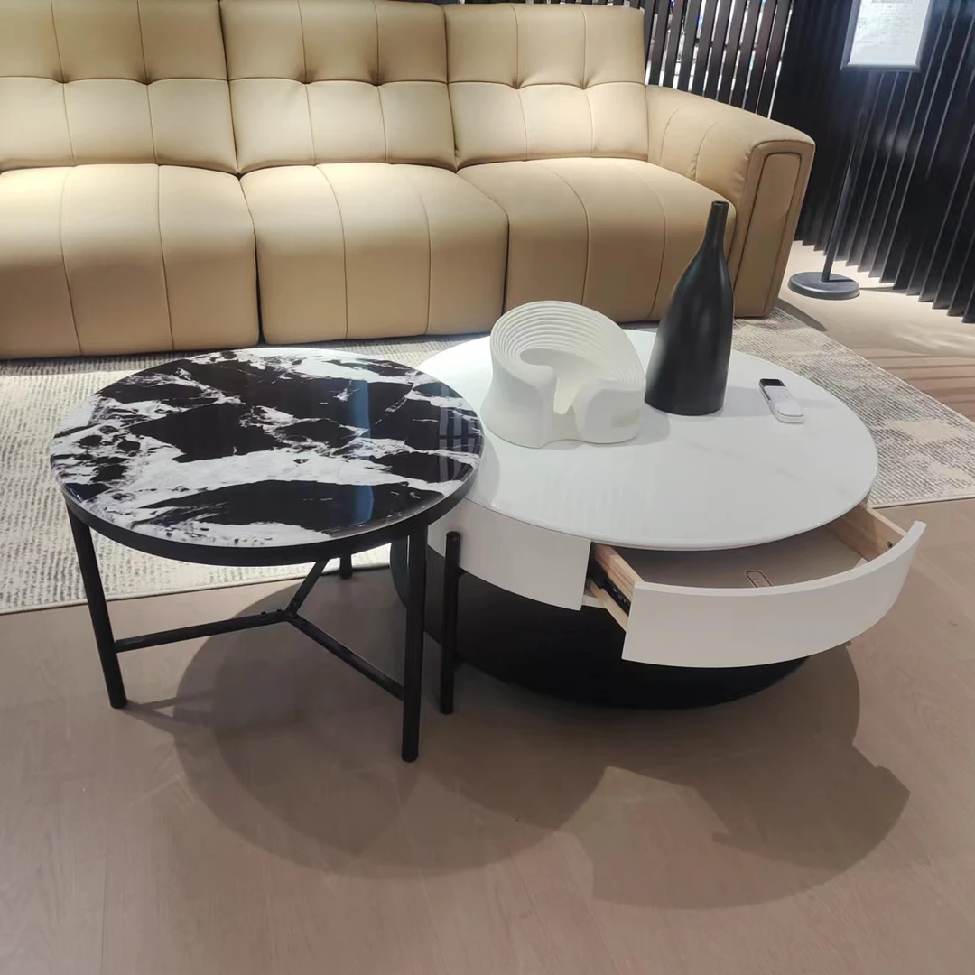 新款意式极简圆形双层茶几大小圆宝格丽微晶石天然大理石茶桌
