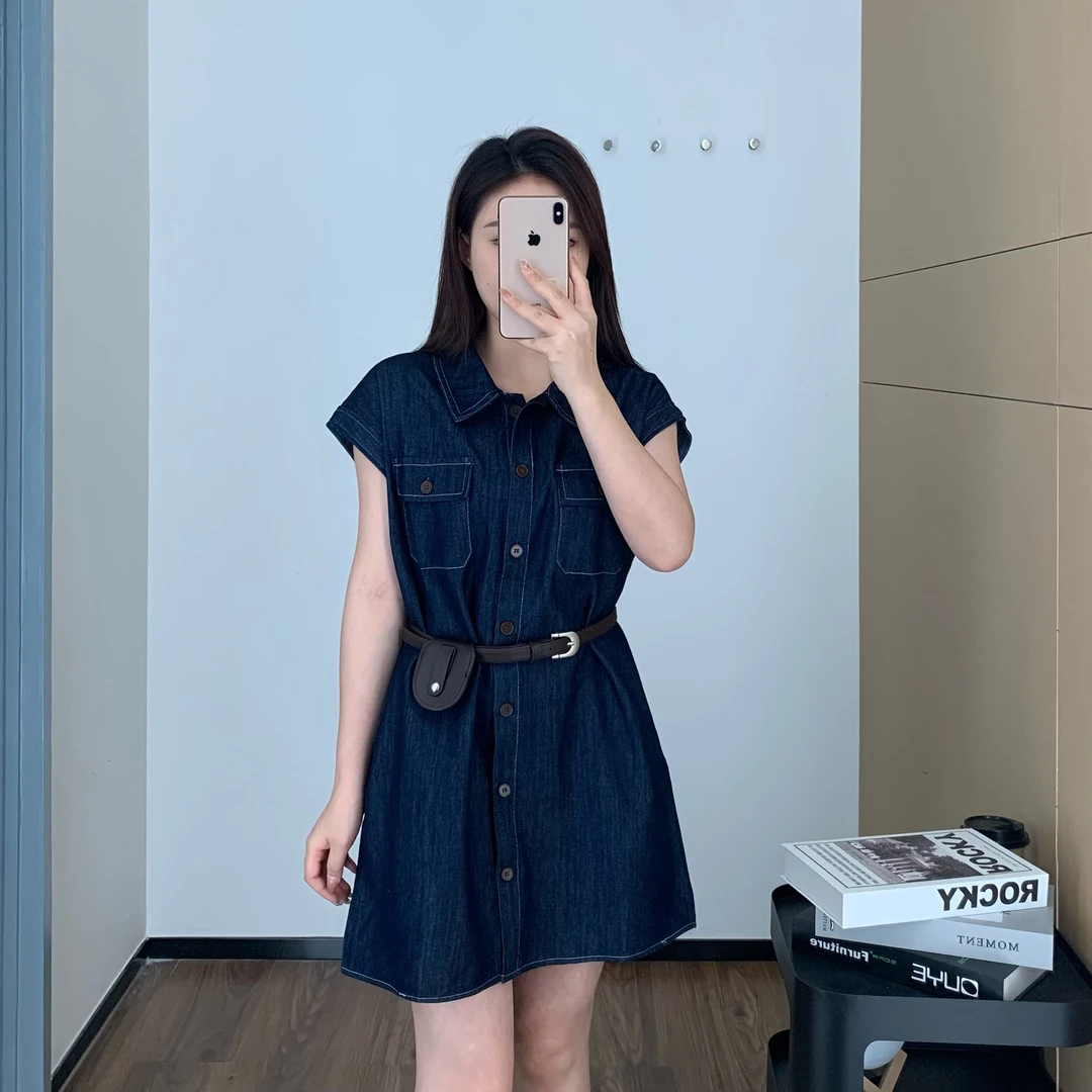 【折扣】小羽酱小个子定制简约复古百搭无袖牛仔连衣裙（送腰带）4018