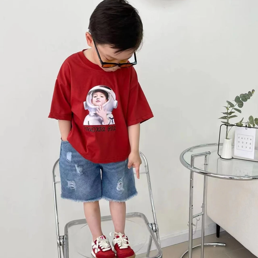 【XXJ】夏夏自制款韩版儿童夏季宇航员印花短袖4711