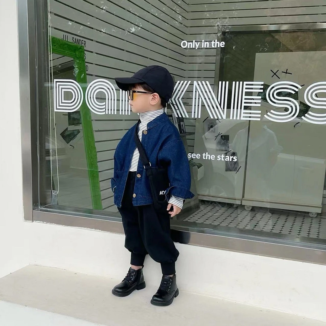 213外套韩系百搭时尚复古牛仔纯色韩版圆领单排扣上衣男童中大童