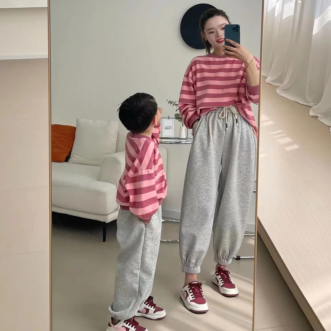 现货4654裤子韩版儿童春秋百搭三色亲子裤秋季纯色束脚抽绳男童