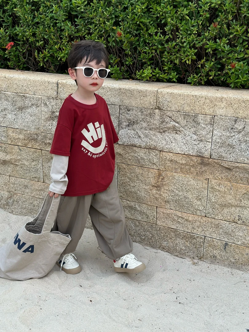 现货1264儿童长袖假两件打底衫宽松中小童圆领韩版男童休闲内搭