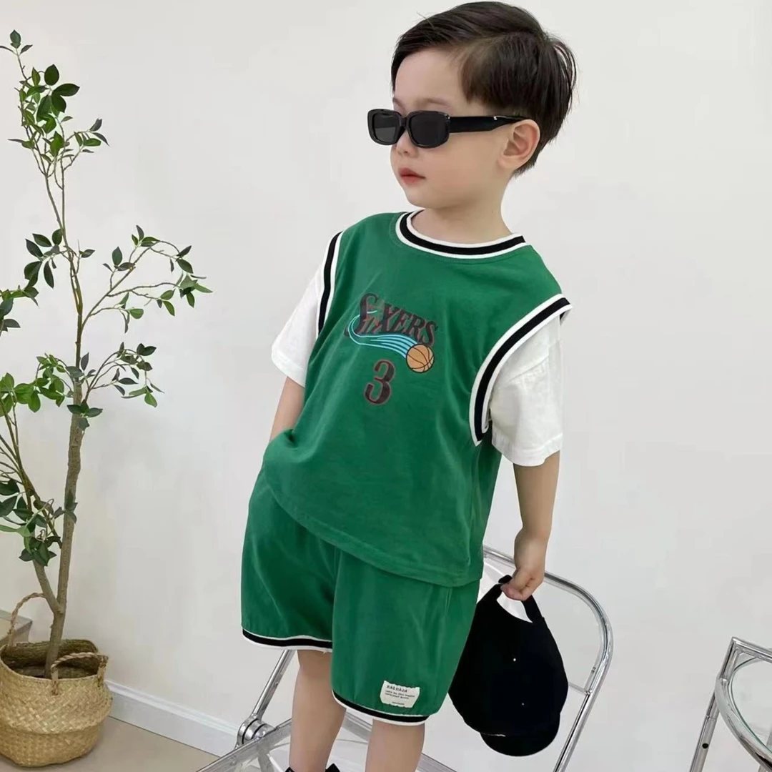 4459套装韩版儿童夏季球服夏款假两件套头印花男童中大童短袖裤子