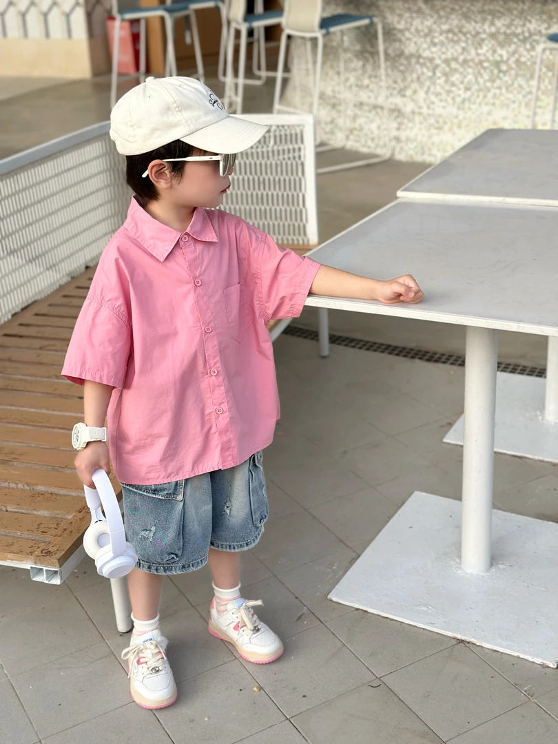 现货1410儿童衬衫男童夏季纯色休闲短袖百搭韩版翻领单排扣