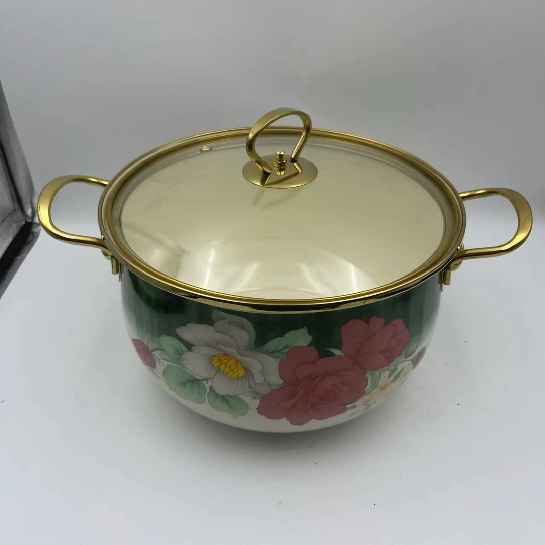 24cm【兰贵夫人】搪瓷珐琅汤锅金边玻璃盖电磁炉明火通用