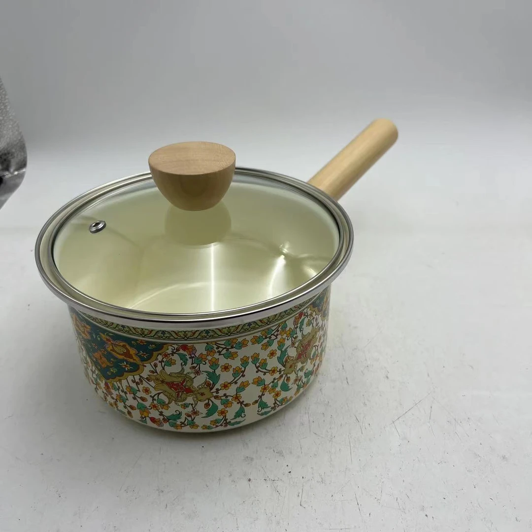 18cm【俄罗斯】搪瓷珐琅奶锅高档木柄带盖