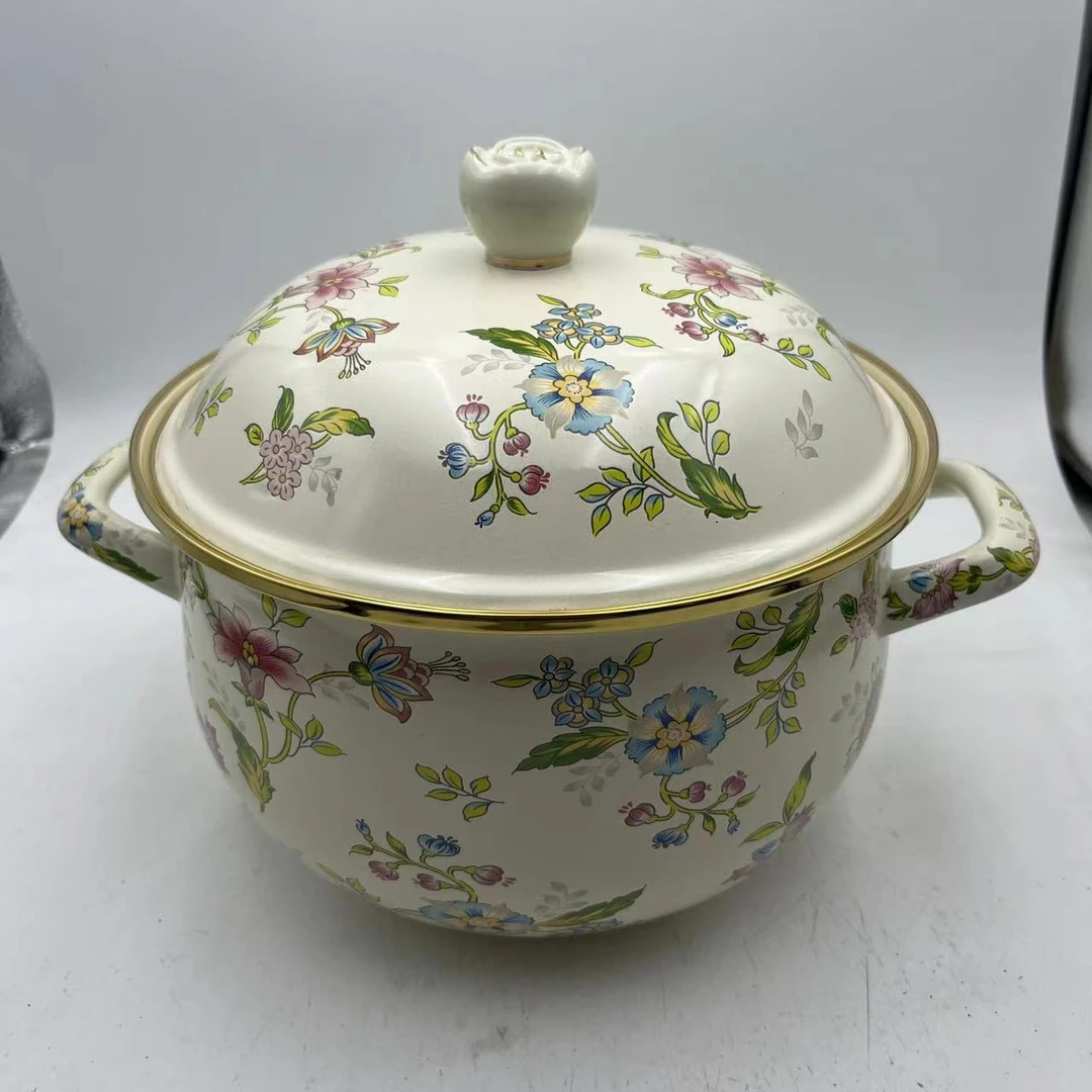 24cm【芳香空心环】珐琅搪瓷汤锅厨房搪瓷盖描金盖珠炖锅