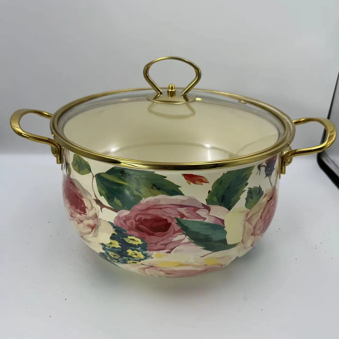 24cm枝繁叶茂花搪瓷珐琅汤锅金边玻璃盖电磁炉明火通用