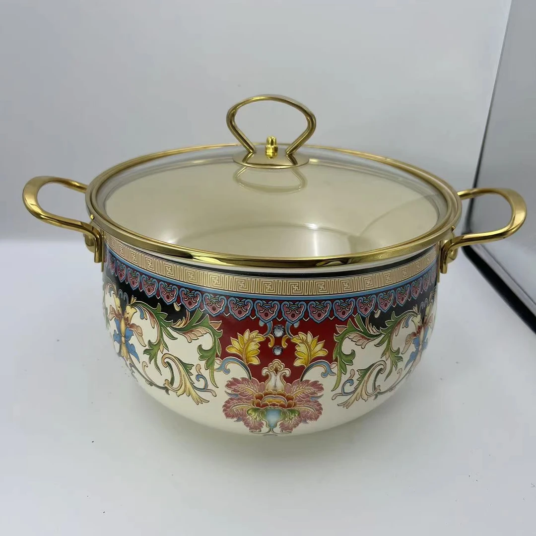 24cm【珍品】搪瓷珐琅汤锅金边玻璃盖-内销款