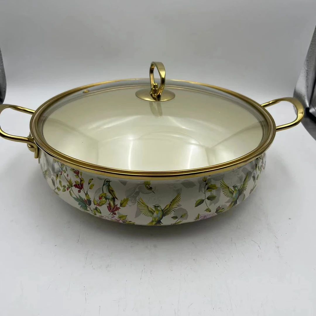 30cm花鸟搪瓷珐琅锅海鲜锅金边玻璃盖电磁炉明火通用