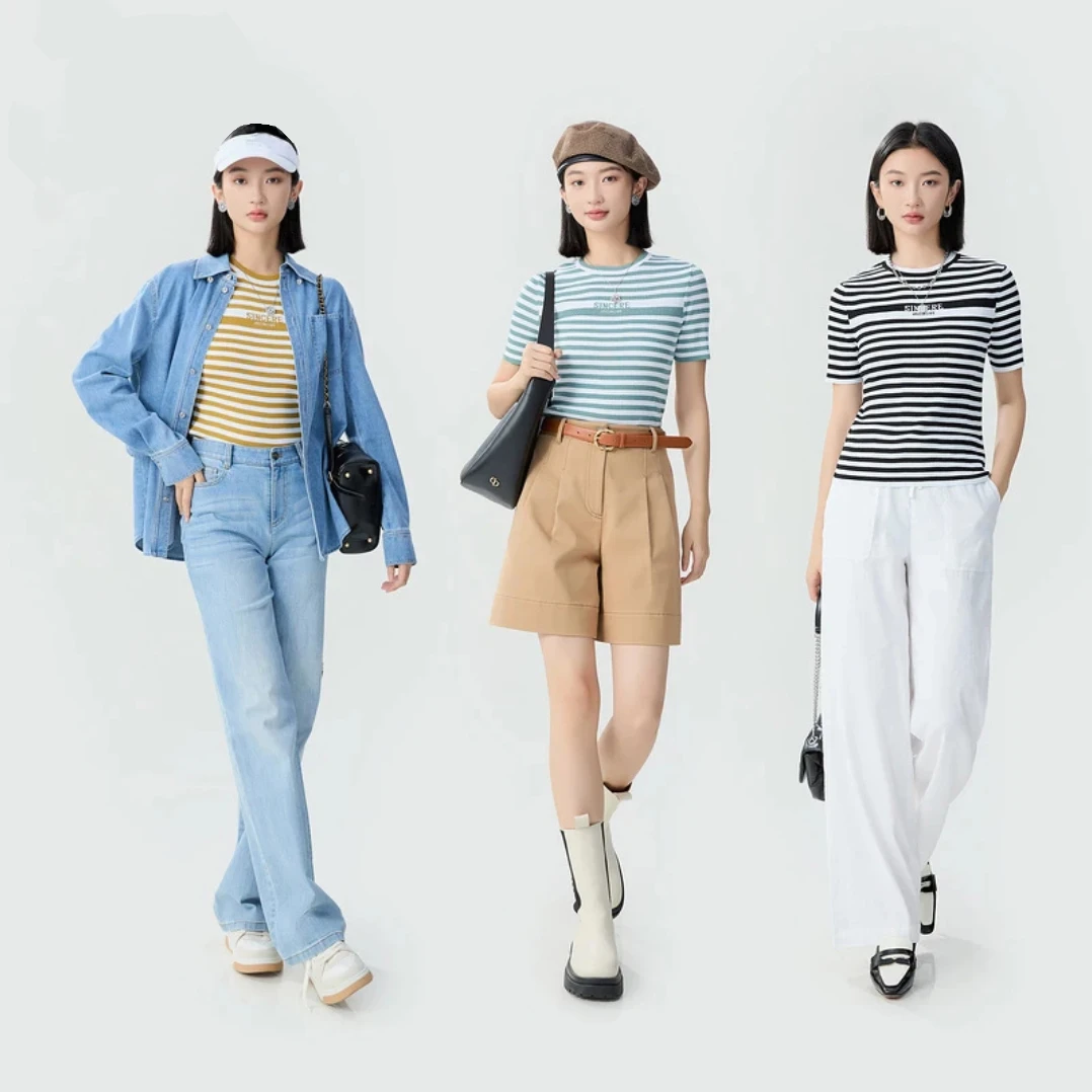 衣依哥家1399721新款高腰时尚简约修身圆领冰丝条纹针织T恤衫